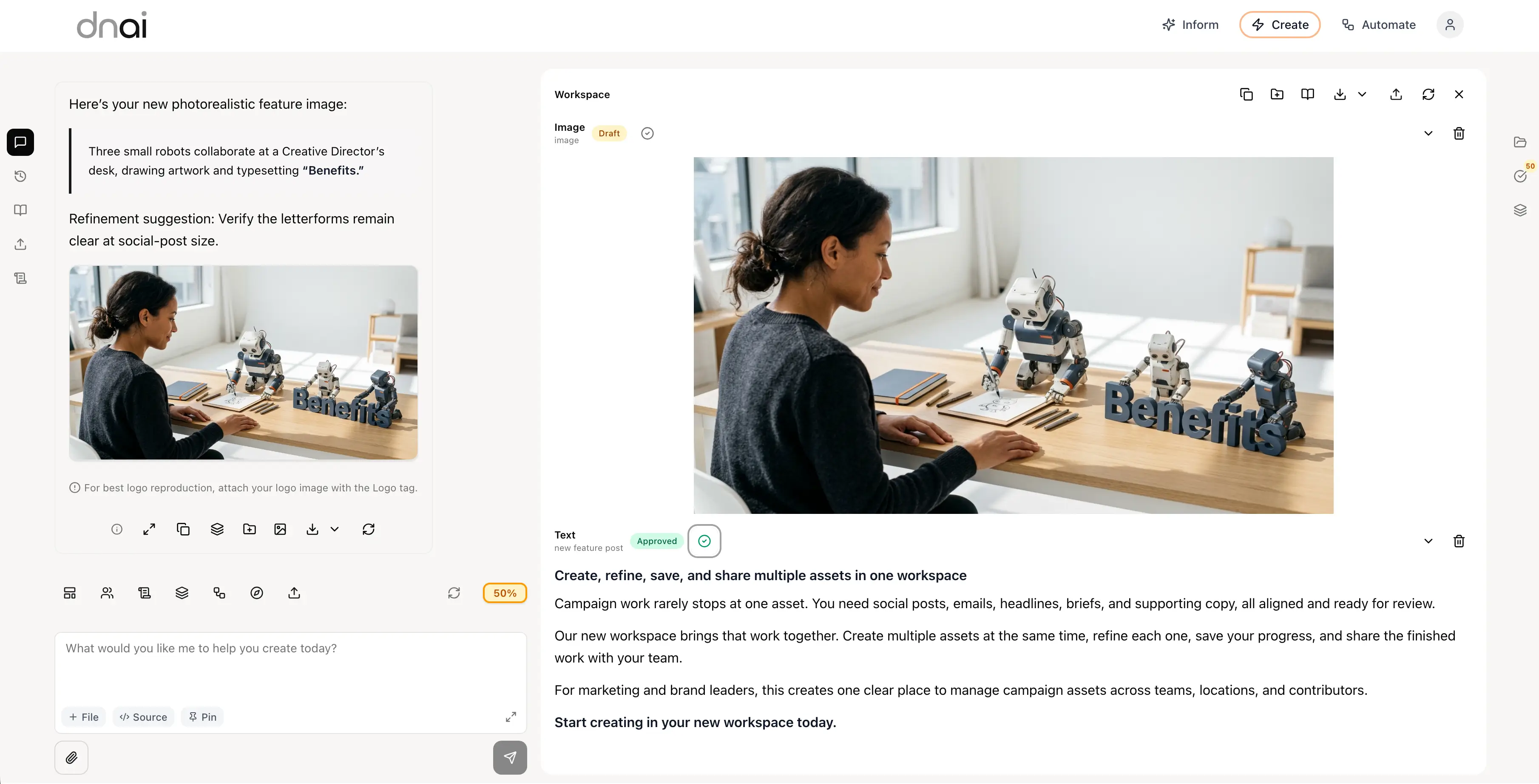 Human dnAI create workspace with agent chat and asset review